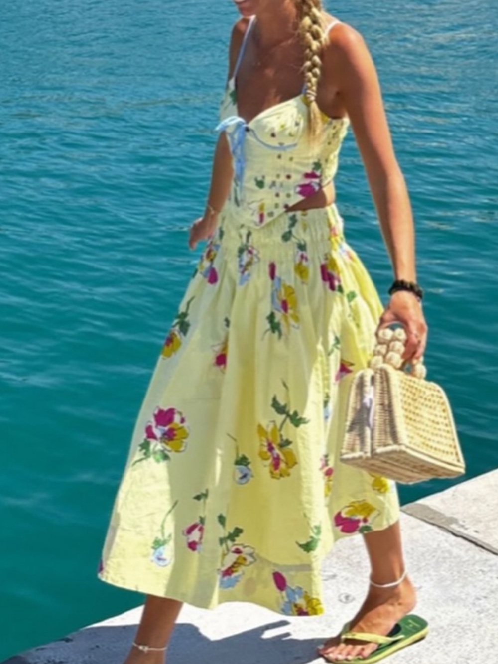 Free People Luca Midi Yellow Floral Dress Set with Smocked Waist